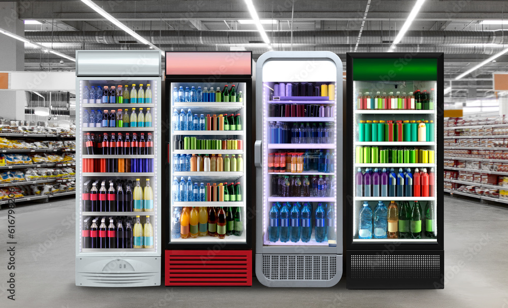 Glass door fridge Horizontal photo mockup Soda pop cans and plastic bottles in vertical freezer at supermarket. 