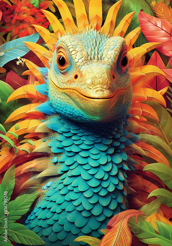 illustration of a funny iguana. Design for T-shirts, Posters, Stickers, and more. Generative Ai
 photo