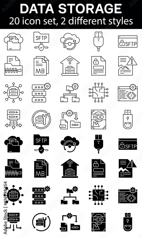 Data storage icon set. vector collection in 2 different styles Data storage icon set. vector collection in 2 different styles