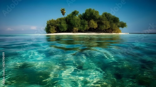 Tranquil scene of a tropical beach in an small island with blue ocean, coral, and lush nature.
