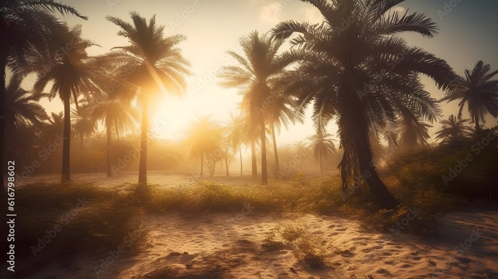 Misty morning landscape with palm tree, sunbeam, and tranquil scene in nature.