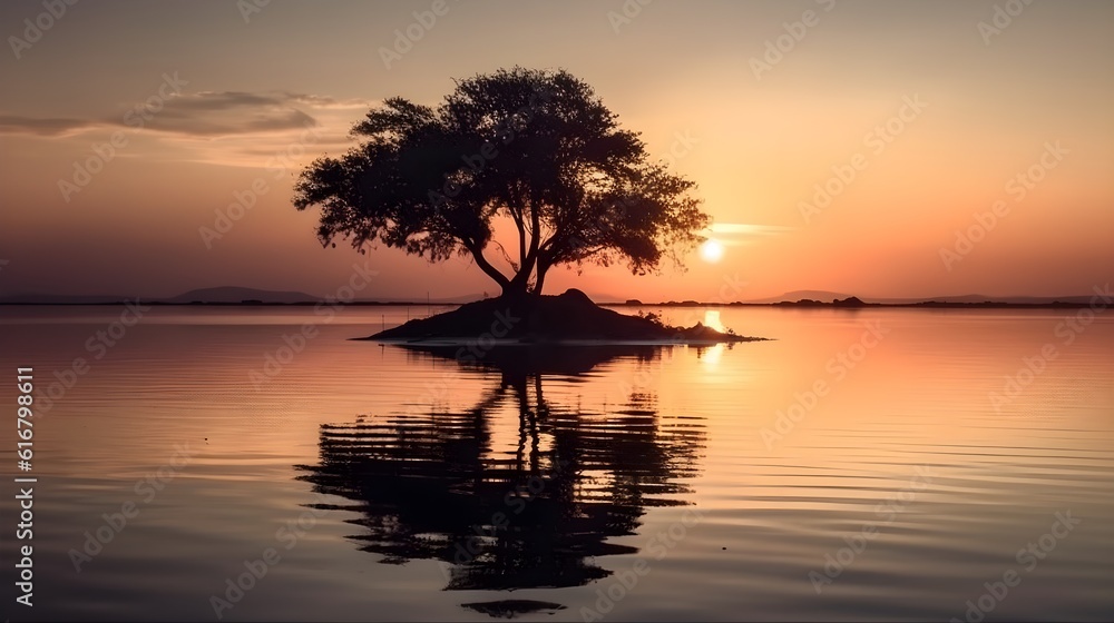 Landscape of silhouette a tree in the middle of the sea or lake reflection on the water, in the evening sunset golden hour clear sky. Landscape of silhouette a tree in the middle of the sea or lake reflection on the water, in the evening sunset golden hour clear sky.