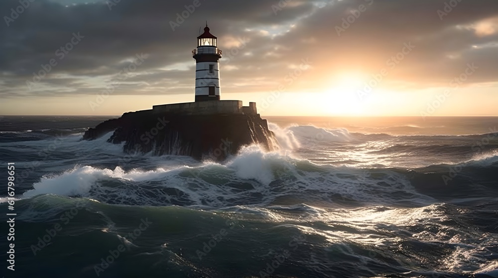 Coastal Security at Sunset: a Guiding Tower on the Shore. Lighthouse on shore at sunset, with ocean waves and cloudy sky.