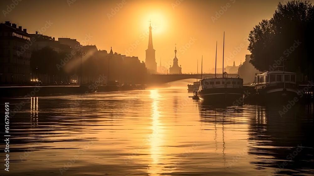 City skyline at sunrise reflects on calm waters with boats in city rivers and urban architecture.