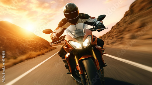 Motorcyclist driving on the road at sunset. Sport biker.generative ai