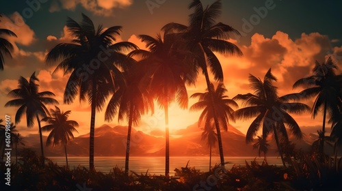 Landscape of silhouette tropical coconut trees with lake and mountain in the background in the evening sunset golden hour cloudy sky.