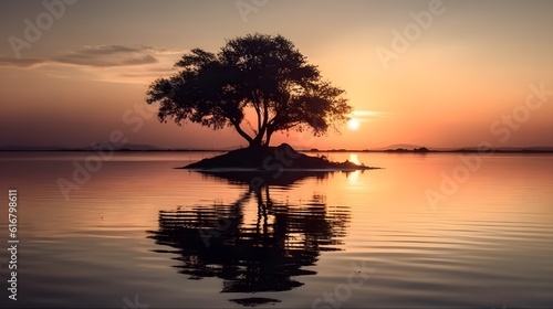 Landscape of silhouette a tree in the middle of the sea or lake reflection on the water, in the evening sunset golden hour clear sky. © Riocool