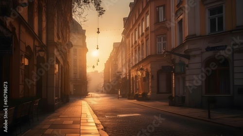 City streets at evening sunset golden hour  dark alley  stunning architecture  captivating road.