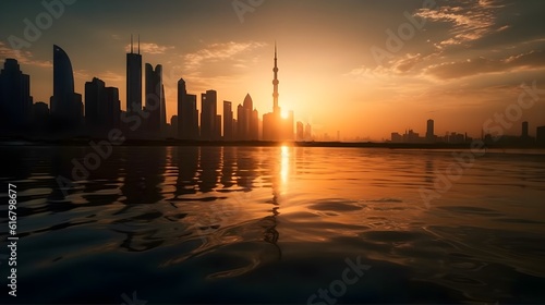 City skyscraper high rise building in the evening golden hour sunset at Dubai reflection in the water.