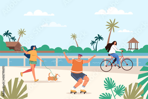 Sea promenade embankment summer landscape background concept. Vector design graphic illustration
