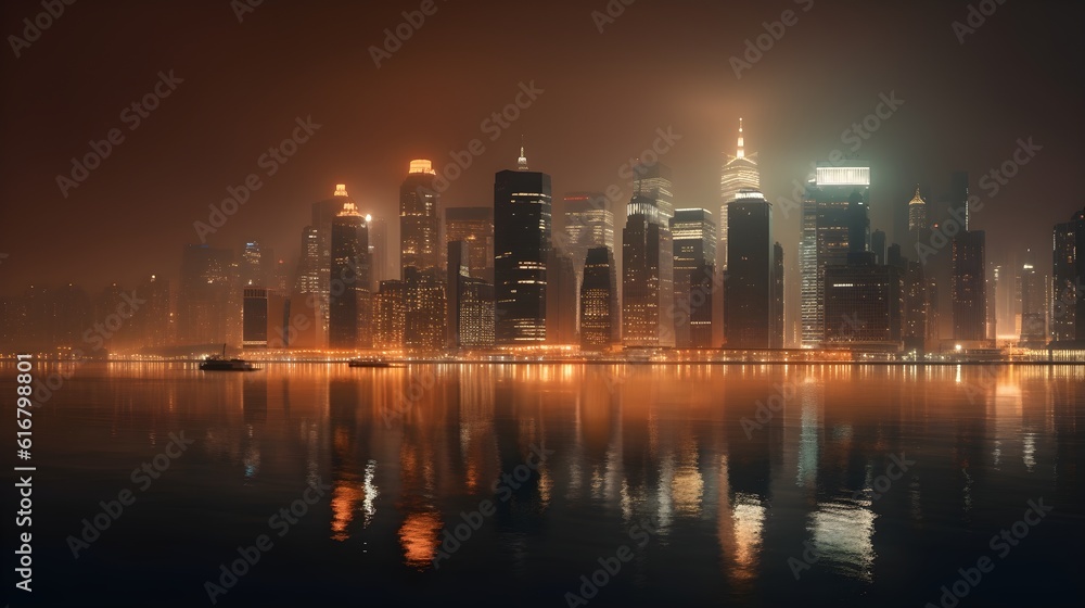 Obraz premium Beautiful metropolitan city skyscraper high rise building in the night sky busy night life, reflection on the water.