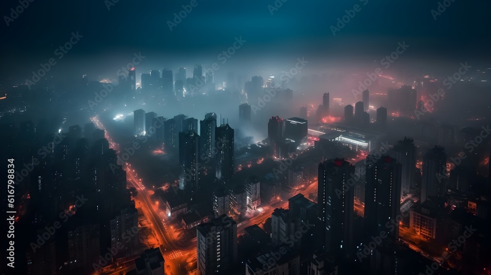 Fototapeta premium Beautiful metropolitan city skyscraper high rise building in the night sky busy night life, misty foggy city landscape.
