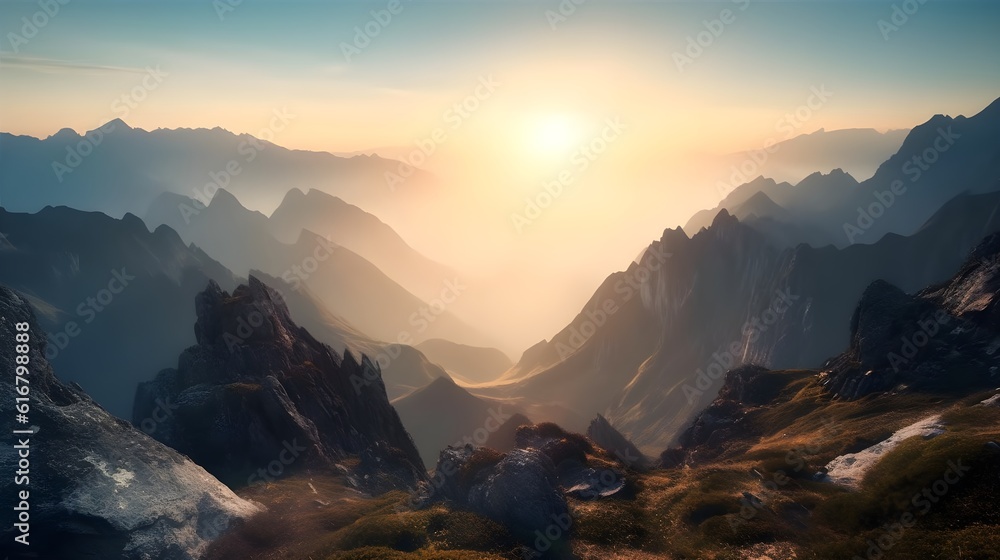 Untouched nature, misty forest, tranquil valley: a captivating sunrise over the majestic mountain range in natures beauty.