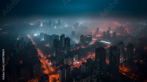 Beautiful metropolitan city skyscraper high rise building in the night sky busy night life, misty foggy city landscape.