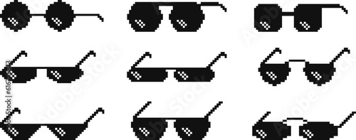 Pixel boss sunglasses, 8 bit sunglass design. Isolated gangster meme logos, retro game spectacles icons. Comic joke decent vector digital elements