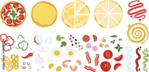 Pizza ingredients, italia food, pizzeria icons. Cheese, tomato, peppers and eggs. Fast lunch or dinner. Tasty italian meal, decent vector collection