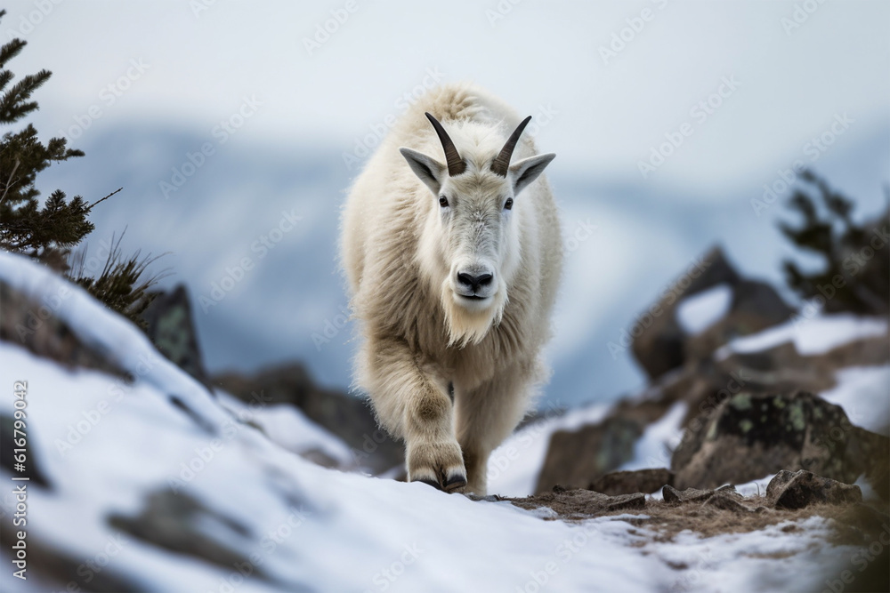 Fototapeta premium Mountain goat walking on a snowy mountain.Front view.Created with generative ai