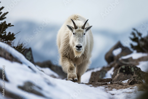 Mountain goat walking on a snowy mountain.Front view.Created with generative ai