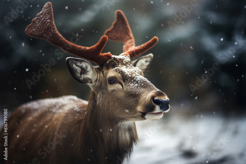 Reindeer wearing a christmas hat on isolated background.Front view.Created with generative ai