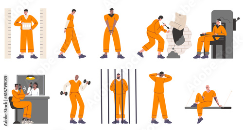 Prison people. Cartoon prisoners in orange jumpsuits. Dating room. Escape organization. Electric chair. Serving time for crimes. Convicted guy in jail cage. Vector isolated criminals set