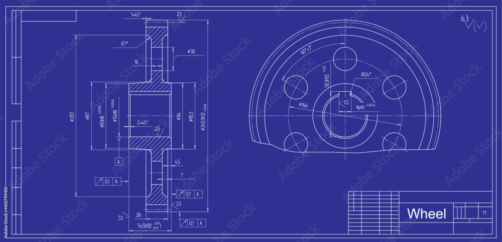 Vector engineering cad drawing of a mechanical part (steel wheel)
with through holes.
Computer aided design of machine parts. Technical cad background.