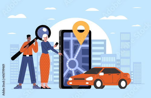 Smartphone map. Route search. Car sharing service. People looking for free automobile through mobile app. Suitable auto selection. Phone application. Roadmap navigation. Vector concept