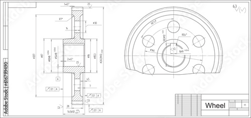 Vector engineering cad drawing of a mechanical part (steel wheel)
with through holes.
Computer aided design of machine parts. Technical cad background.
