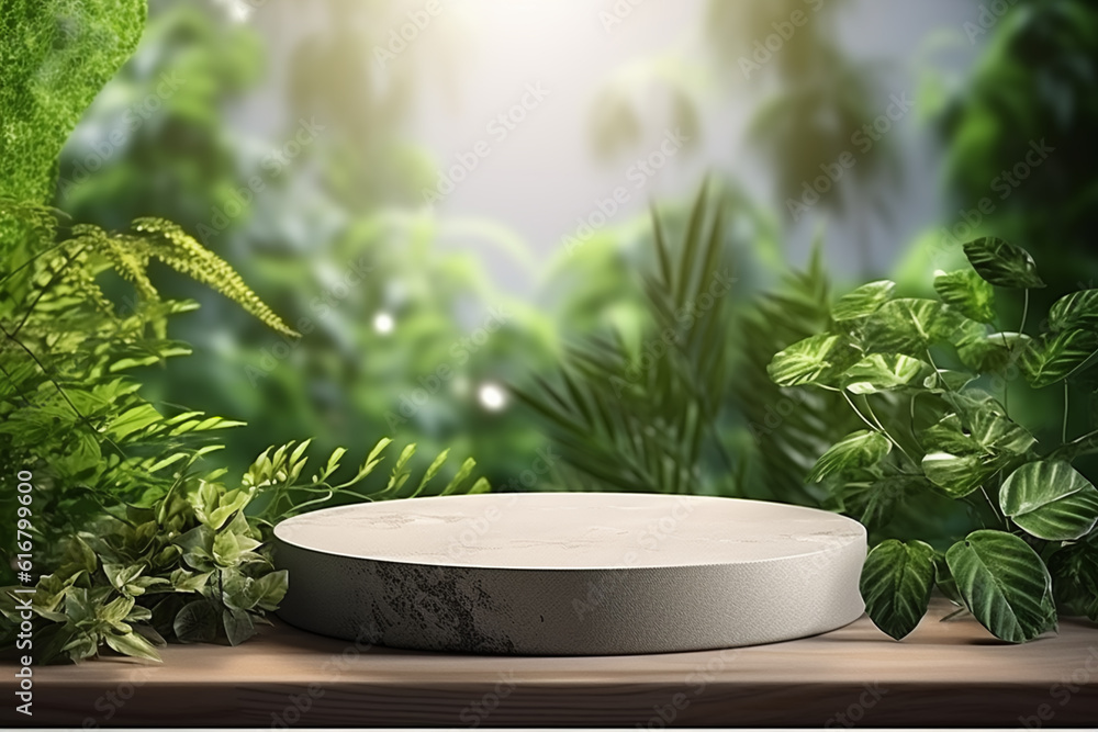 stone product display podium for cosmetic product with green nature garden background, 3d rendering stone product display podium for cosmetic product with green nature garden background, 3d rendering