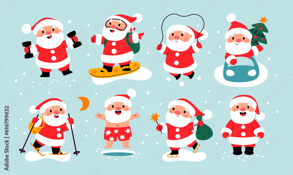 Sporting Santa Claus. Xmas character in different poses. Senior man. Cute athlete snowboarding and skiing. Winter training. Dumbbells and ice-hole. Outdoor exercises. Garish vector set