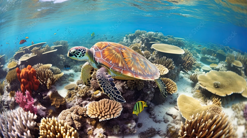 Fototapeta premium tropical coral reef with sea turtle