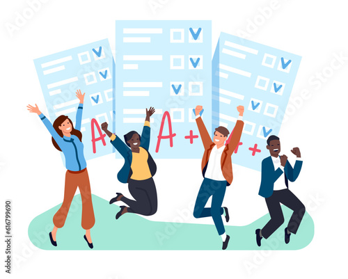 Students rejoice at passing school exam test. Examination resalt. People group jumping and laughing with happiness. Education success. Knowledge grade. Paper document pages. Vector concept photo