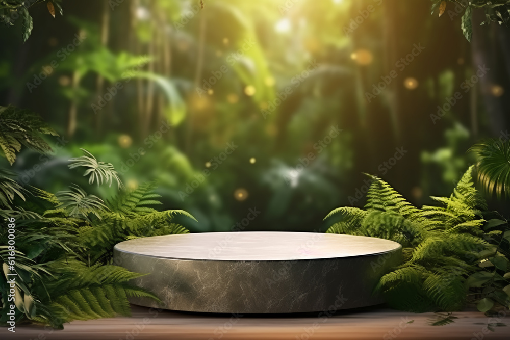 stone product display podium for cosmetic product with green nature garden background, 3d rendering stone product display podium for cosmetic product with green nature garden background, 3d rendering