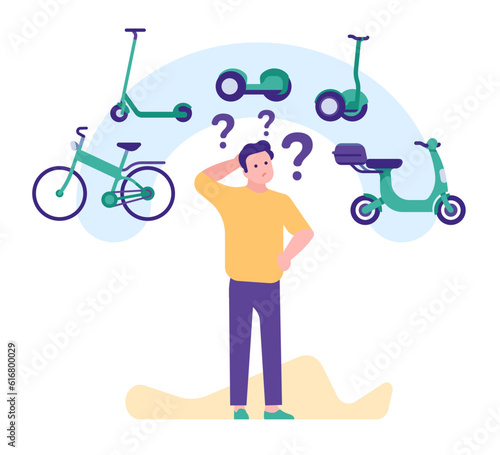 Young man chooses vehicle to buy. City eco transport. Dilemma between bicycle or electric scooter. Pensive guy. Thoughtful person making decision. Gyroboard and moped. Vector concept