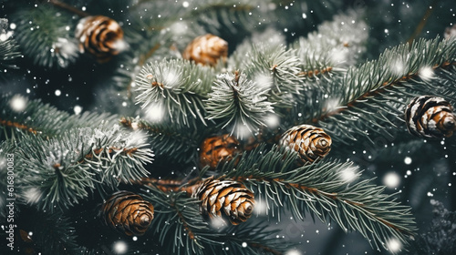 Christmas and New Year background with fir branches  pine cones and snow.generative ai