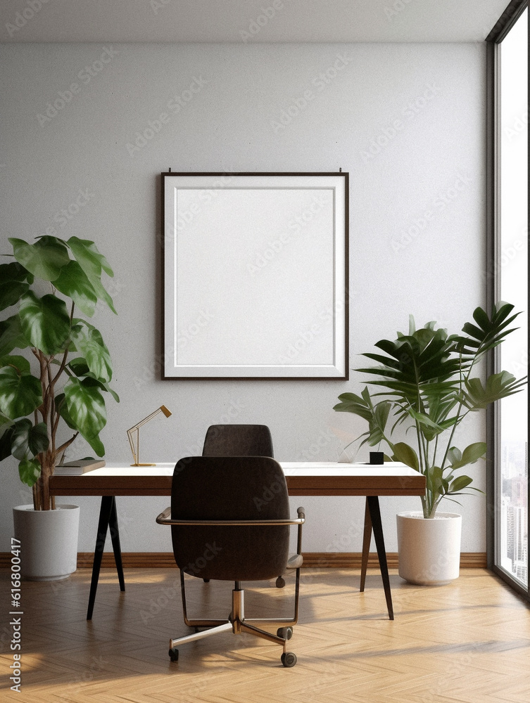 Mockup of an office with an empty frame, created with AI generative technology Mockup of an office with an empty frame, created with AI generative technology