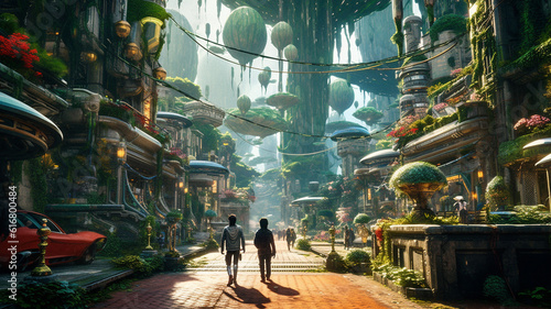 Solarpunk futuristic city in the nature, created with AI generative technology