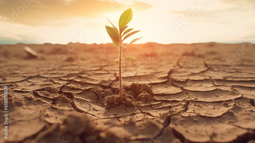 Plant growing on cracked ground. Global warming concept. generative ai