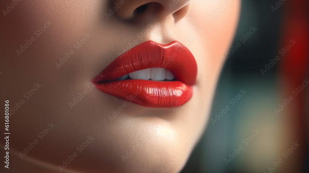 Close up of beautiful woman's lips with red lipstick.generative ai Close up of beautiful woman's lips with red lipstick.generative ai