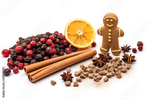 gingerbread man cookie and ingredients isolated on white background