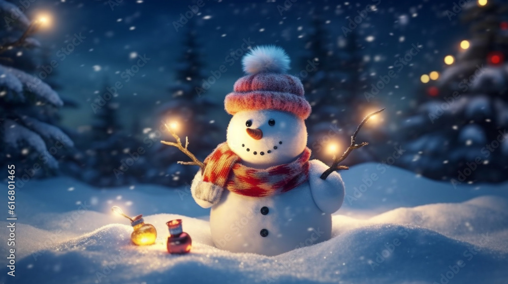 Snowman with red scarf and snowflake. Christmas and New Year concept.generative ai