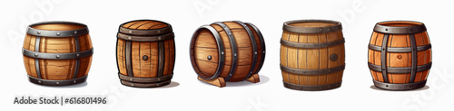 Cartoon wooden barrel on a white background. Wooden barrel for liquids. Wine, beer. Fairy barrels. Design for cartoon, book, game. Vector illustration