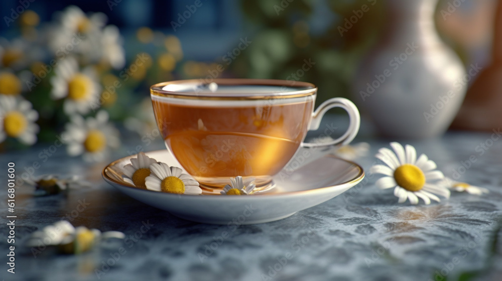 Cup of tea with chamomile flowers on wooden table.generative ai Cup of tea with chamomile flowers on wooden table.generative ai