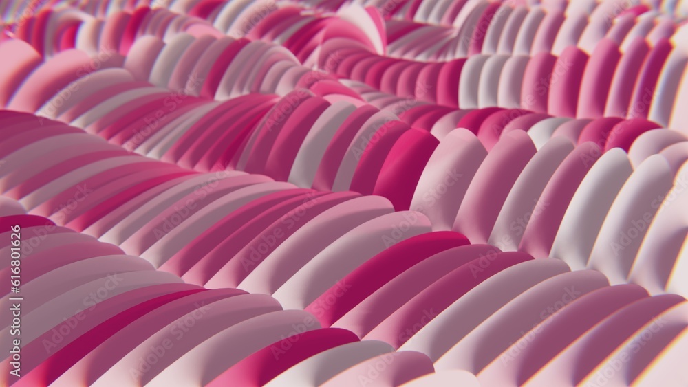 Obraz premium Abstract 3D background with bright pink and red gradient organic petal waves. Hypnotic deformation wallpaper. Unusual texture illustration. 4K 3D Computer graphics render