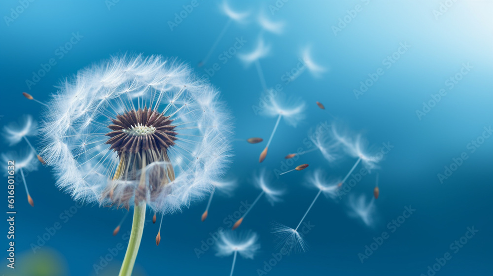 Dandelion seeds flying in the wind.generative ai