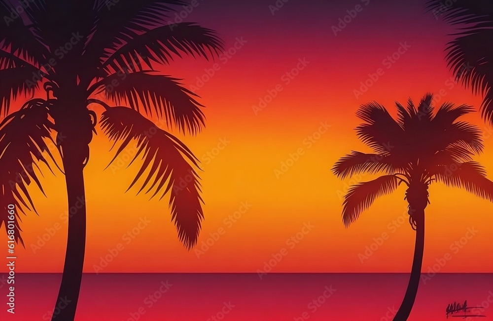Colorful orange sunset on tropical ocean beach with coconut palm trees silhouettes and sunsetting created with generative ai