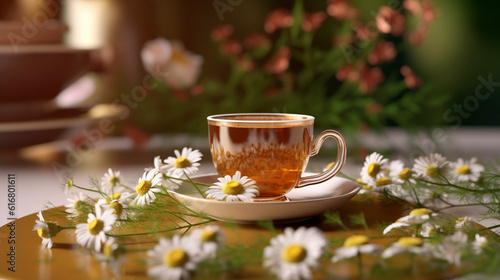 Cup of tea with chamomile flowers on wooden table.generative ai