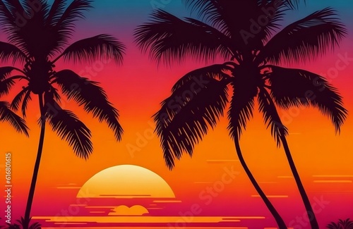 Beautiful sunset on coast sea view silhouette coconut palm trees on beach golden hour vintage tone created with generative ai © Chaudhry