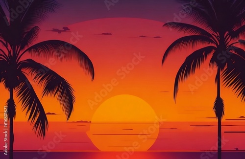 Tropical palm tree with colorful bokeh golden hour sun light on sunset sky cloud abstract background created with generative ai © Chaudhry