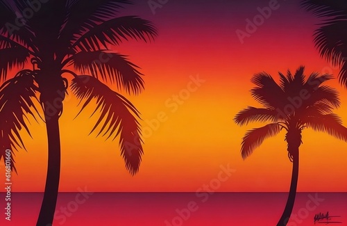 Colorful orange sunset on tropical ocean beach with coconut palm trees silhouettes and sunsetting created with generative ai