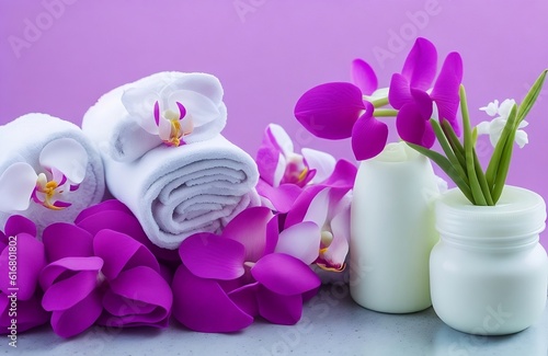 Aromatherapy  spa  beauty treatment and wellness background with massage pebbles  orchid flowers  towels  cosmetic products spa concept created with generative ai